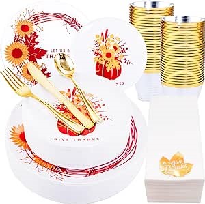 COLOSUS 175pcs Thanksgiving White Plastic party Plates and Silverware Disposable Fall plastic Dinnerware Disposable Plastic Plate for Fall Thanksgiving Party
