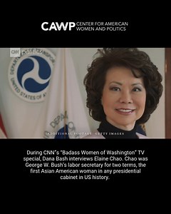 Elaine Chao became the first Asian American woman to serve in a presidential Cabinet when she was appointed secretary of labor by President George W. Bush in 2001. She also served as United States secretary of transportation in the first administration of Donald Trump from 2017 to 2021, resigning in response to the January 6 United States Capitol attack. #AANHPIHeritageMonth | Center for American Women and Politics