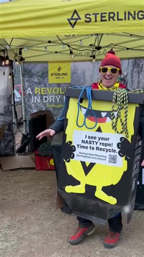Meet Recyclo; our rope-recycling monster! 👾 Recyclo is passionate about eating all your old dynamic rope. How do we feed our recycle monster you ask? It's as easy as 1,2,3. 👇 1️⃣ Coil your nasty old rope in a butterfly coil or something similar (bound with a strap is OK, too). 2️⃣ Bring your coiled rope to one of our participating drop-off locations or at the upcoming AAC Bishop Fall Highball Craggin' Classic. Just look for the Sterling Rope Monster Box! (Box locations are listed at the link b