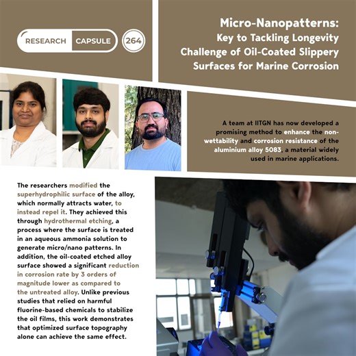 Seawater is one of the commonly encountered corrosive environments for metallic systems, posing constant challenges to ships, offshore pipelines, and desalination plants. These structural components weaken over time as they degrade chemically due to the corrosion process, leading to high maintenance costs and reduced efficiency. To address this challenge, a team at IITGN has now developed a promising method to enhance the non-wettability and corrosion resistance of the aluminium alloy 5083, a ma