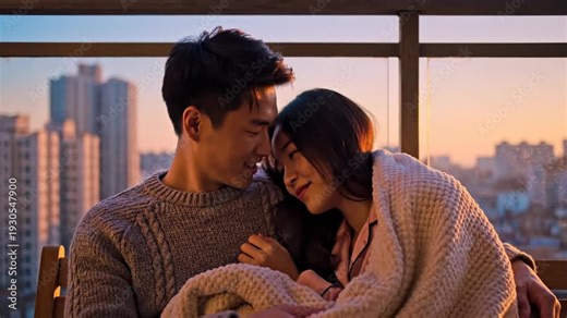 Couple intimate sunrise balcony connection. Young couple sitting close together on balcony bench in early sunrise light, wrapped in light blanket and quietly smiling at each other