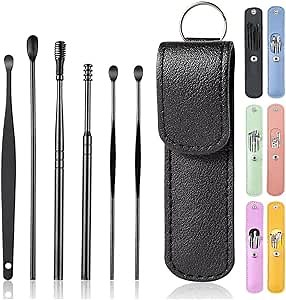 Spring Ear Cleaning Tool Kit - Contains 6 Pieces of Adult Spiral Ear Wax Remover, Ear Picker, Ear Wax Remover, Etc. -Ear Wax Removal Kit with Housing - Black