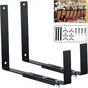 2 Packs Window Box Brackets Adjustable Planter Box Bracket Flower Box Holders for Outside Deck Railing Heavy Duty Flower Box Wall Mounting Hooks for Indoor Outdoor, 6 to 12 Inches,, Black