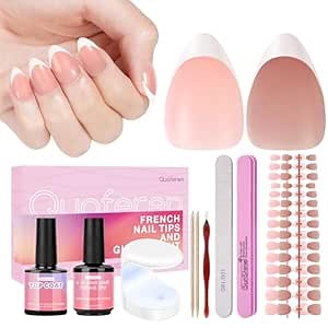 Quaferen French Gel Nail Tips: French Tip Press on Nails - Upgraded Silky Matte 240PCS Pink and Brown Short Almond Nail Tips Nail Extension Kit French Tip Tool Set with Nail Lamp Gel Glue Top Coat