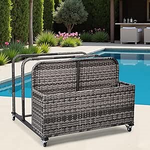 Poolside Float Storage Organizer, Pool Toy Storage Holder with Wicker Basket Outdoor Pool Float Holder Storage Rack Rolling Pool Caddy Cart Raft Holder Storage Rack for Pool Noodles Equipment Grey