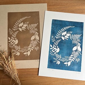 Botanical Linocut Art | Cyanotype Wreath Print | Nature Inspired Art | Block Printed Wall Decor | Sepia Nature Print | Flower Linocut Art - Etsy