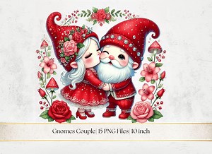 Vintage Saint-Valentin Gnome Couples Clipart, Clipart aquarelle Saint-Valentin, 15 élégants gnomes mousseux fichiers PNG pour la Saint-Valentin