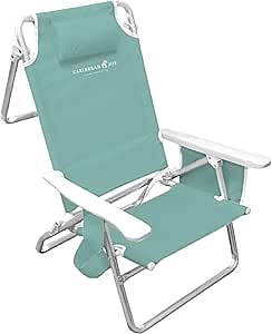 Caribbean Joe Folding Beach Chair, 5 Position Lightweight, Portable Reclining Outdoor Camping Chair with Headrest, Shoulder Strap, and Cup Holder, Mint