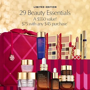 It's Here! 29 Beauty Essentials, a $550 Value! Includes 9 full-size favorites including our #1 Advanced Night Repair serum & more. Just $75 with any $45 purchase.* Perfect to gift - or to keep. | Estee Lauder