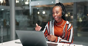 Customer service, laptop and black woman call center agent consulting online with headset. Technical support, contact us and female consultant work overtime on computer in ecommerce in night office