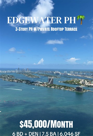 A true mansion in the sky 🏙️🌴 Spanning three incredible levels, this one-of-a-kind penthouse in Edgewater redefines luxury living with soaring ceilings, breathtaking Biscayne Bay views, and the privacy of a single-family home - all in the sky. 🏡 6 Bedrooms Den 🛁 7.5 Bathrooms 📐 6,046 SF 🚗 Private Enclosed 3-Car Garage 💵 Offered at $45,000/Month Located in Edgewater’s newest luxury waterfront tower, residents enjoy world-class amenities, five-star concierge services, resort-style pools, sp