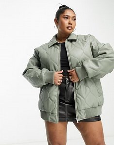 Urban Code Plus faux leather bomber jacket with diamond quilt in sage green | ASOS