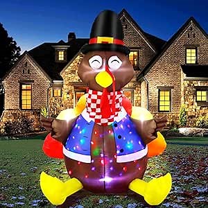 AerWo Thanksgiving Inflatable Turkey Decoration 6ft Blow Up Turkey Inflatable with Rotating LED Colorful Lights for Outdoor Holiday Yard Lawn Thanksgiving Decorations Home Decor