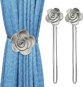 Lewondr Curtain Tie Magnetic, Vintage Resin Flower Curtain Holdback with Rope Drapery Retro Window Curtain Decorative Buckle Holder for Outdoor, Home Office, and Cafe Balcony, Gray