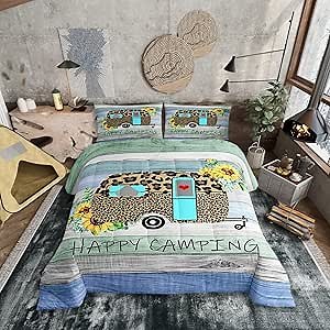 Happy Camping Comforter Set Rustic Queen Size Bedding,Cute Camping Bedding for Children Boys Girls Farmhouse Duvet Insert, Leopard Sunflower Decor Down Comforter for Boys Girls Camper Lovers
