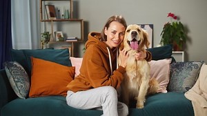 Young Woman Petting Dog Living-room Golden Stock Footage Video (100% Royalty-free) 1080841217 | Shutterstock