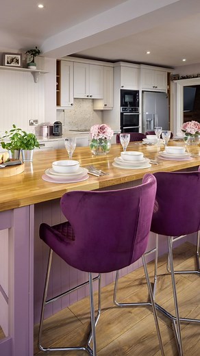 This Wakefield solid ash kitchen is a true statement piece 😍 The standout feature of this kitchen is the bespoke island in a stunning lavender bud, which beautifully contrasts with the solid oak and stone countertop 🙌🏼 The kitchen also boasts elegant brass accessories, integrated appliances and ample storage space 🫶🏼 This kitchen is the perfect blend of functionality and beauty, creating a warm and welcoming space for cooking and entertainment ⭐️ #dwk #kitchen #kitchendesign #twotonekitchen