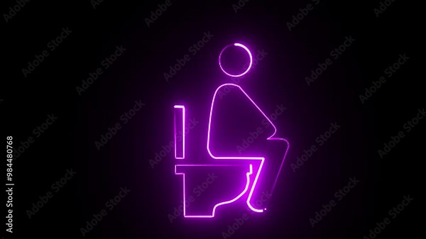 Glowing neon line Men sitting on the toilet and Constipation are experiencing severe abdominal pain icon isolated on black backgroun