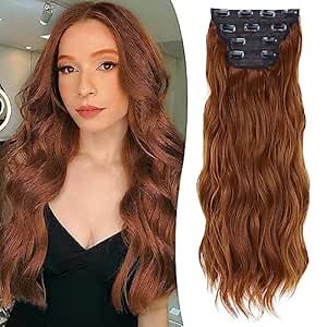 Copper Red Hair Extensions 24 Inches Clip in Hair Extensions for Women Long Wavy Curly Synthetic Hair Extension Hairpieces Full Head