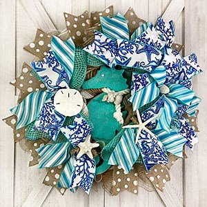 Welcome seahorse beach, coastal, nautical wreath for front door outside or inside decorations, beach decorations with starfish & sea shells
