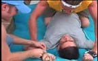 Gorgeous sexy buddy bound and used by two hunks