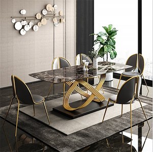 [Hot Item] Italian Style Modern Design Rectangular Dining Table Chairs Set Marble Dining Room Furniture Table with Metal Leg