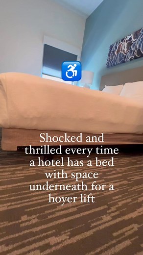 Why are so many hotels switching over to platform style beds in their wheelchair accessible rooms? We need space underneath to accommodate a hoyer lift! Hyatt House got it right! #wheelchairtravel #accessibilityforall #AccessibilityMatters #inclusionmatters #hotelstay #HiltonForTheStay #Hilton #marriotthotels #HolidayInn #HyattHouse | My Sandy Trail