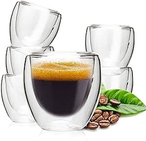 OAMCEG 6 Pack Espresso Shot Glasses 2.7 Ounces Double Wall Espresso Cups Thermo Insulated Small Espresso Cups, Latte Cappuccino Milk Juice Coffee Cups (Set of 6, 2.7oz)