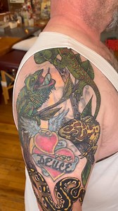 Ball python added to Frederick’s reptile collection by Tom Ward III!!! @wardthird #tattoo #tattooshop #tattooartist #tattoos #tymelesstattoo #syracusetattoo #art #artist #boaconstrictor #leopardgecko #chameleon #snake #color #colortattoo #colortattoos | Tymeless Tattoo