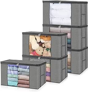 Large Storage Bag, Clothes Blankets Comforters Closet Storage Bag, Fabric Storage Container Bins Organizer with Lid & Handles for Clothing,Pillow,Duvet,Quilt,Bedding,Toys,Dorm,Bedroom,Gray,6 Pack