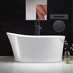 WOODBRIDGE 59" Acrylic Freestanding Bathtub Contemporary Soaking White Tub with Oil Rubbed Bronze Overflow and Drain，B0083-ORB-Drain&O