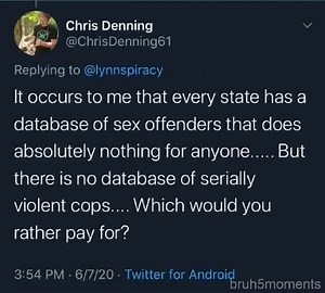 Chris Denning @ChrisDenning61 Replying to @lynnspiracy It occurs to me that every state has a database of sex offenders that does absolutely nothing for anyone..... But there is no database of serially violent cops.... Which would you rather pay for? PM - Twitter for Android - iFunny