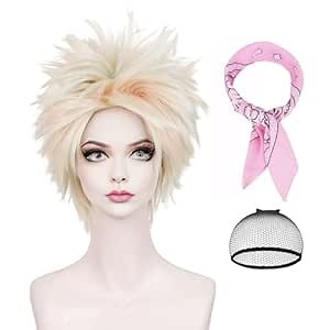 Probeauty Short Blonde Wig for Women Light Blonde mixed Pink Blue Highlights Weird Wig Halloween Costume Synthetic Heat Resistant Colorful Cosplay Wig with Pink Bandana Wig Cap