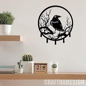 craftnamesign Custom Raven Crow Moon Metal Key Holder, Raven Decorative Key Holder, Coat Rack, Entryway Coat Hook, Metal Key Holder