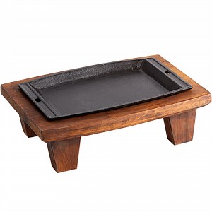 Valor 11 1/2" x 7" Rectangular Pre-Seasoned Cast Iron Fajita Skillet with 14" x 10" x 4 1/2" Rustic Chestnut Finish Display Stand