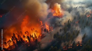Forest fire from a bird's eye view. Terrifying natural disaster concept. High quality 4k footage