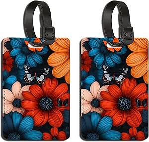 2 pcs Luggage tag, PU Leather, Travel Luggage tag with Name ID tag Address Card, Blue Flower Butterfly Pattern, Suitable for Men and Women Duffel Bag Backpacks