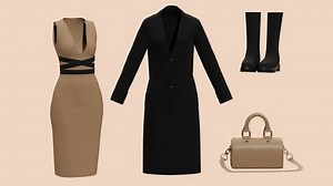 Set of women business clothes with black coat and beige bag. Abstract loop animation