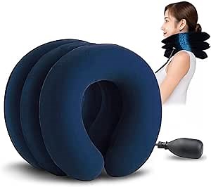Cervical Neck Traction, Inflatable Neck Head Stretcher Adjustable Neck Back Collar Neck/Back/Head Stretcher for Pain Relief, Neck Pillow Traction Device for Home Use (Dark Blue)