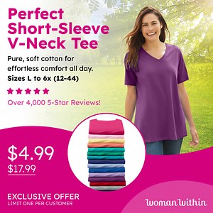 📢 LOWEST Price EVER! Act Now to Get Our Perfect V-Neck Tee for JUST $4.99! Limited-Time Deal Only Through This Exclusive Offer. | Woman Within