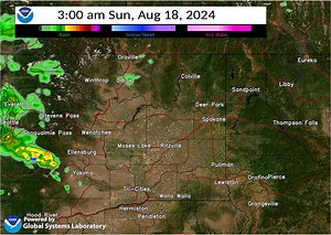 A model run of the incoming system has it reaching the Moses Lake area around 9PM and continuing north overnight. The main concerns about the system are gusty winds near 40MPH, hail, and lightning. The winds could stir up dust and reduce visibilities. | US National Weather Service Spokane Washington