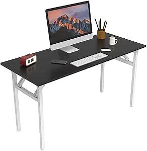 Halter Folding Desk Table, No Assembly Collapsible Computer Desk for Office, Bedroom, and Study - 55” Space-Saving Portable, Foldable Study Table, Black Desk, White Frame