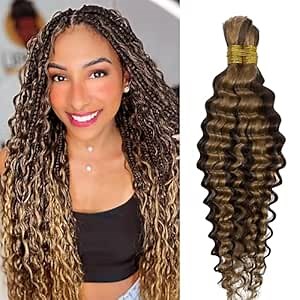 Human Braiding Hair Water Wave Bulk Human Hair For Braiding 100g (1Pack-2Bundles) No Weft 100% Human Braiding Hair For Boho Braids Deep Wave Micro Braiding Human Hair Extensions (24Inch #4/27)