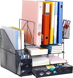 Large Mesh File Organizer for Desktop, Black Office Supplies Desk Organizer with Drawers, Binder Desk Paper Organizers and Accessories with Vertical File Holder (Metal)