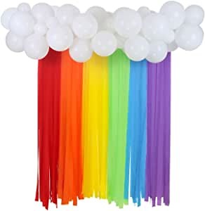 Rainbow Party Decorations Backdrop, Rainbow Color Crepe Paper Streamers 12" 5" White Balloons Garland for Rainbow Party Supplies Baby Shower Birthday Props Booth Background