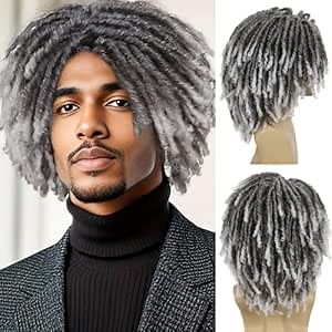 Fake Dreads Wigs With Bangs Ombre Grey Rocker Rasta Hair Dreadlock Wig Male | Halloween Costume Male Female Medium Length Colly Braided Wigs for Men Guys Faux Loc Wig Gradient Gray with Dark Roots Hair