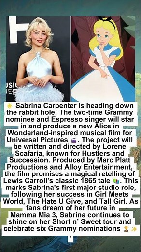 Sabrina Carpenter to Star in Alice in Wonderland-Inspired Musical Film | Official Update