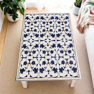 Lapislazuli eingelegte weiße Marmor-Tischplatte - handgeschnitzte moderne Kunst der Mitte des Jahrhunderts - Etsy.de