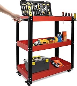 3 Tier Rolling Tool Cart, Heavy Duty Utility Cart on Wheels Holds Up to 400 Lbs, Steel Service Cart Mechanic Utility Tub Cart with Smooth Rolling, Tools Service Cart with Screwdriver Rack, Matte Red