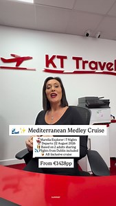 🚢 Marella Explorer | 7 Nights | All Inclusive 📅 Departs: 22 August 2026 👫 Based on 2 adults sharing ✈️ Flights from Dublin included 🧳 Transfers & baggage included 🍹 All-Inclusive cruise Itinerary includes: 📍 Palma, Majorca 📍 Livorno (Florence & Pisa), Italy 📍 Villefranche (Monaco), France 📍 Toulon (Côte d’Azur), France 📍 Barcelona, Spain 📍 Valencia, Spain 📍 Return to Palma, Majorca 💶 Prices per person: • Inside Cabin – €1,428pp • Ocean View – €1,491pp • Balcony Cabin – €1,680pp ✈️ F